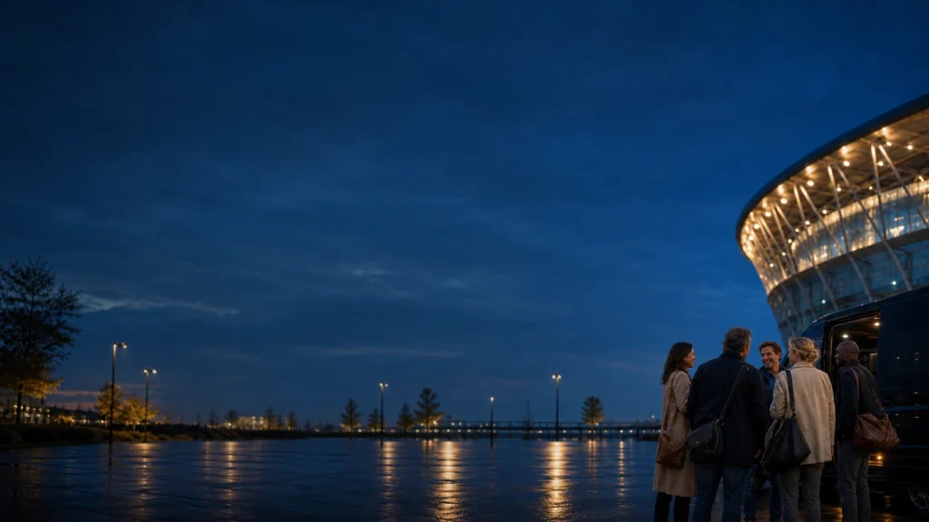Groupe de voyageurs devant un stade