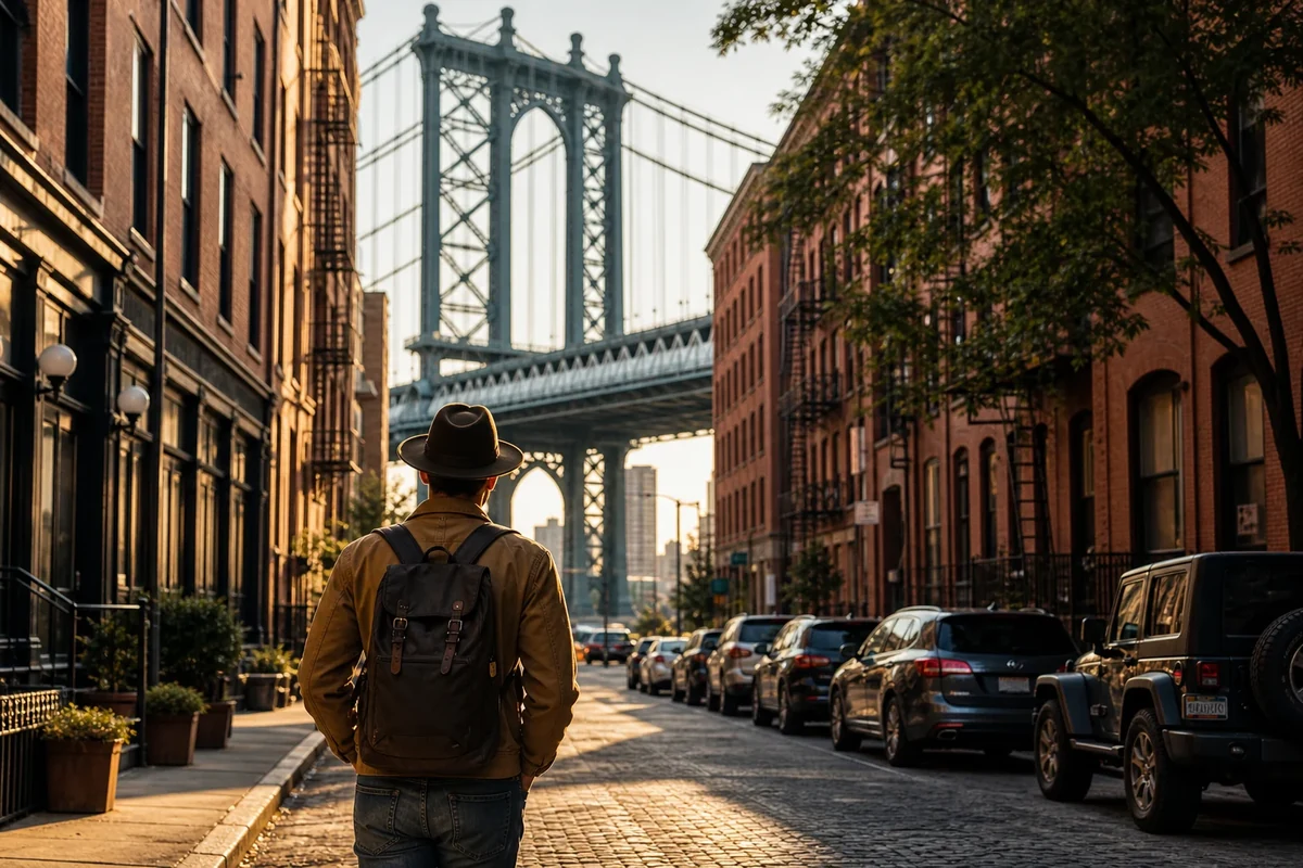 Voyageur à Brooklyn avec le pont de Manhattan